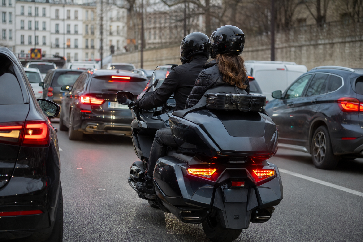 Taxi moto vu de dos longeant les quais parisiens en direction de Roissy CDG depuis le 16e arrondissement